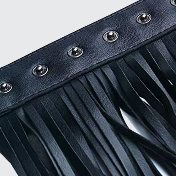 Black Leather Long Fringe Skirt Belt NWT
